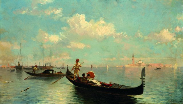 Unterberger Franz Richard - gondoliere vo der silhouute venedigs